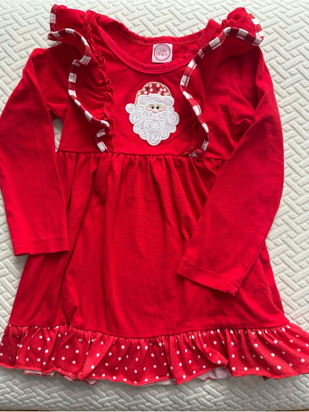 Red Santa Appliqué Long Sleeve Ruffle Dress
